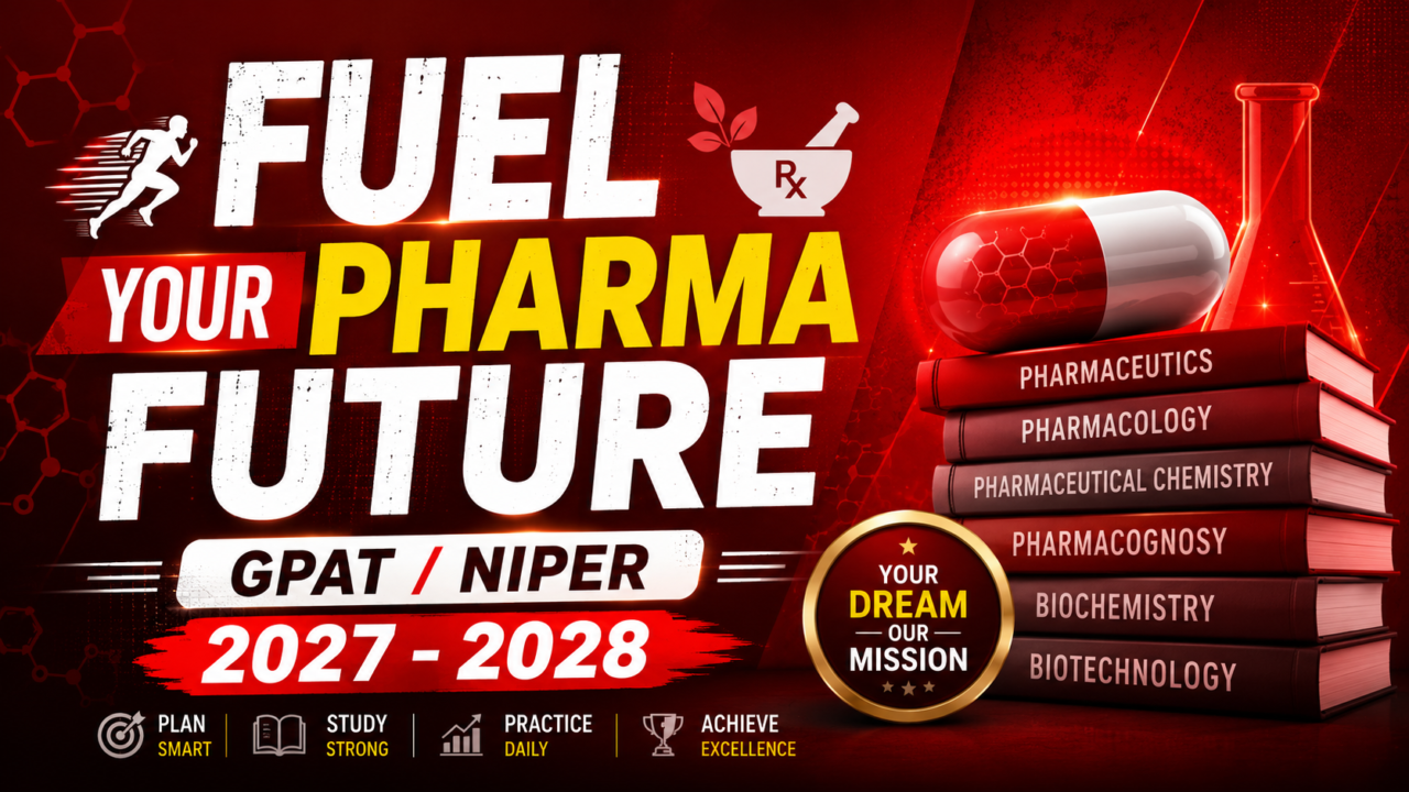 Motivational red gradient thumbnail for GPAT/NIPER 2027–2028 preparation featuring bold typography, pharmacy books, capsule, laboratory flask, and study success elements.