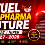 Motivational red gradient thumbnail for GPAT/NIPER 2027–2028 preparation featuring bold typography, pharmacy books, capsule, laboratory flask, and study success elements.
