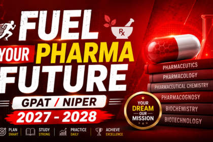 Motivational red gradient thumbnail for GPAT/NIPER 2027–2028 preparation featuring bold typography, pharmacy books, capsule, laboratory flask, and study success elements.