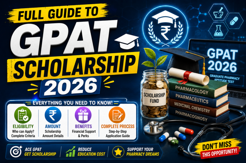 GPAT Scholarship 2026 thumbnail featuring scholarship fund jar, pharmacy books, graduation cap, stethoscope, and bold text about eligibility, amount, benefits, and application process.