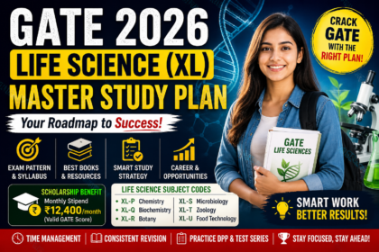 GATE 2026 Life Science study plan thumbnail with student holding book, exam strategy, syllabus, and scholarship details