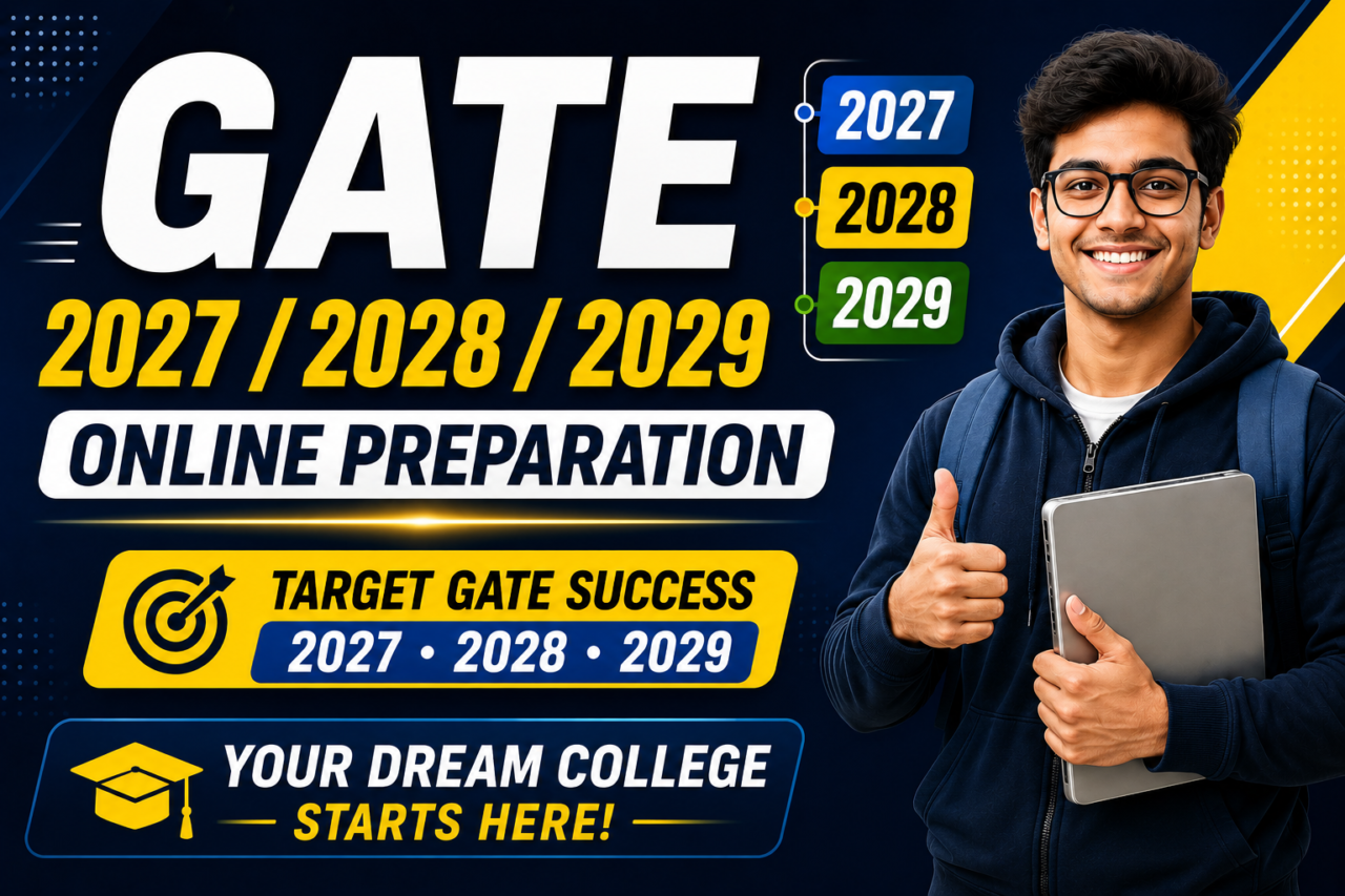 GATE 2027 2028 2029 online preparation thumbnail with student and exam preparation banner design