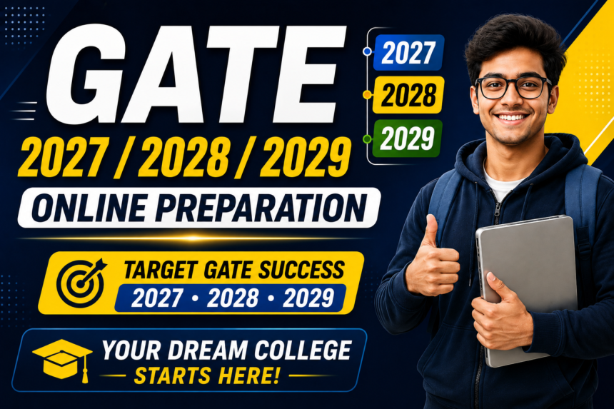 GATE 2027 2028 2029 online preparation thumbnail with student and exam preparation banner design