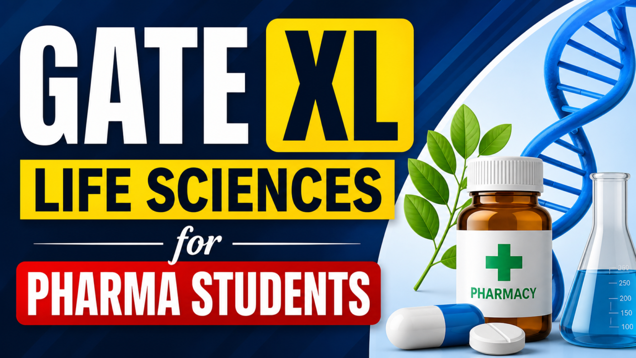 GATE XL Life Sciences for pharma students banner with DNA structure, pharmacy bottle and lab equipment