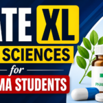 GATE XL Life Sciences for pharma students banner with DNA structure, pharmacy bottle and lab equipment
