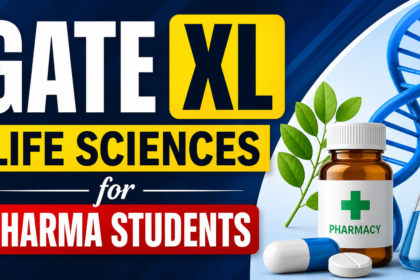 GATE XL Life Sciences for pharma students banner with DNA structure, pharmacy bottle and lab equipment