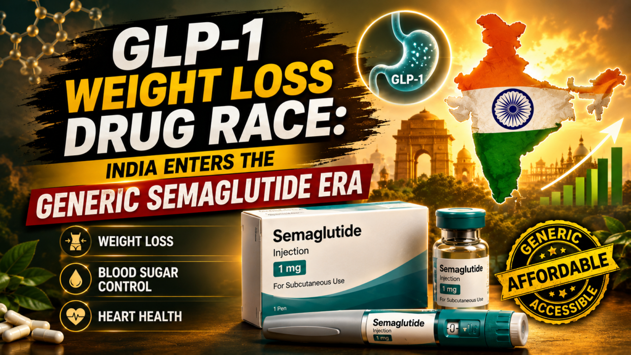 Thumbnail showing GLP-1 weight loss drug race in India with semaglutide injection, India map, and generic affordable medicine concept.