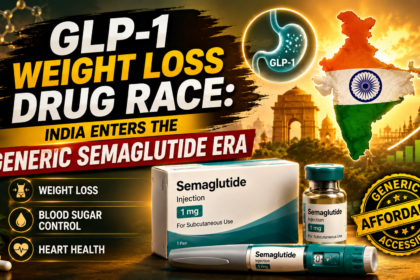 Thumbnail showing GLP-1 weight loss drug race in India with semaglutide injection, India map, and generic affordable medicine concept.