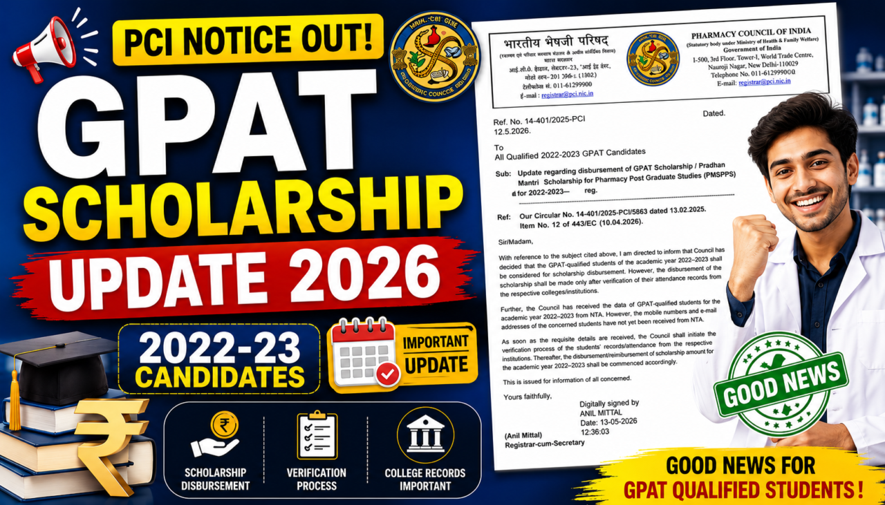 Colorful GPAT Scholarship Update 2026 thumbnail showing PCI official notice, happy pharmacy student, scholarship update text, and good news stamp for GPAT qualified candidates.