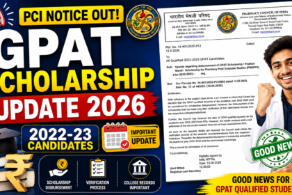 Colorful GPAT Scholarship Update 2026 thumbnail showing PCI official notice, happy pharmacy student, scholarship update text, and good news stamp for GPAT qualified candidates.
