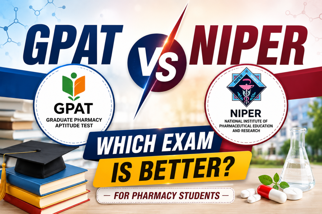 Thumbnail comparing GPAT and NIPER exams for pharmacy students with bold “GPAT vs NIPER” text, exam logos, books, graduation cap, medicine capsules, and laboratory flask on a clean academic background.