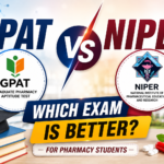 Thumbnail comparing GPAT and NIPER exams for pharmacy students with bold “GPAT vs NIPER” text, exam logos, books, graduation cap, medicine capsules, and laboratory flask on a clean academic background.