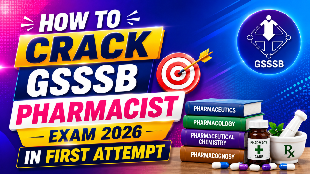 Bright and colorful thumbnail for GSSSB Pharmacist Exam 2026 preparation featuring bold text, target icon, pharmacy books, medicine bottle, capsules, and mortar & pestle on a vibrant gradient background.