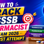 Bright and colorful thumbnail for GSSSB Pharmacist Exam 2026 preparation featuring bold text, target icon, pharmacy books, medicine bottle, capsules, and mortar & pestle on a vibrant gradient background.
