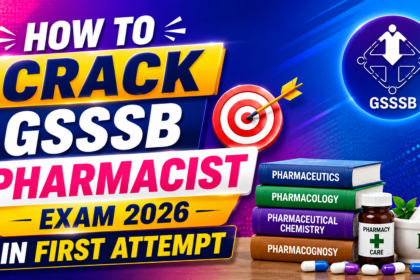 Bright and colorful thumbnail for GSSSB Pharmacist Exam 2026 preparation featuring bold text, target icon, pharmacy books, medicine bottle, capsules, and mortar & pestle on a vibrant gradient background.