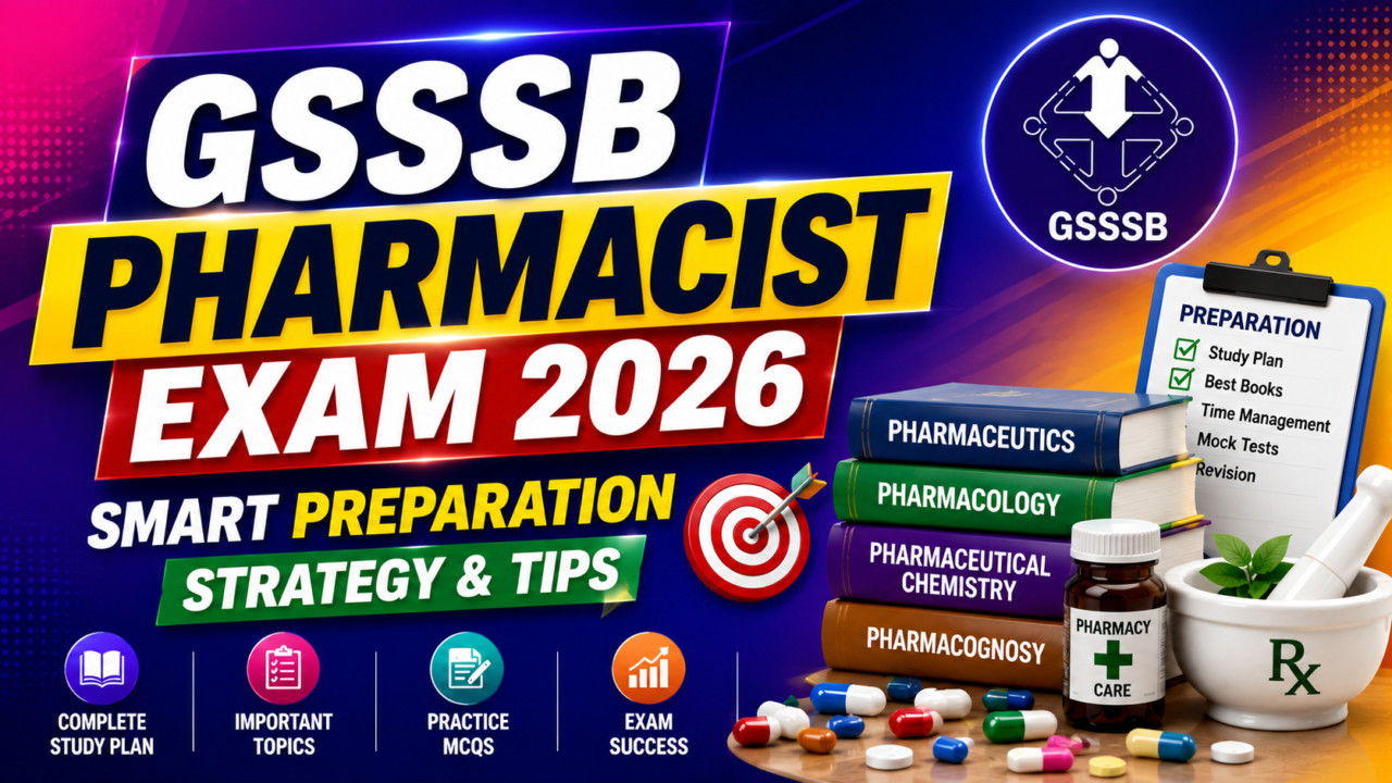 Bright and colorful thumbnail for GSSSB Pharmacist Exam 2026 featuring bold text, pharmacy books, medicine bottle, capsules, target icon, and study preparation elements on a vibrant gradient background.