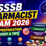 Bright and colorful thumbnail for GSSSB Pharmacist Exam 2026 featuring bold text, pharmacy books, medicine bottle, capsules, target icon, and study preparation elements on a vibrant gradient background.