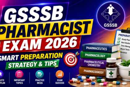 Bright and colorful thumbnail for GSSSB Pharmacist Exam 2026 featuring bold text, pharmacy books, medicine bottle, capsules, target icon, and study preparation elements on a vibrant gradient background.