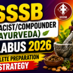 Bright and colorful YouTube thumbnail for GSSSB Pharmacist/Compounder (Ayurveda) Syllabus 2026 featuring bold yellow text, purple-orange gradient background, Ayurvedic herbs, mortar and pestle, and preparation strategy highlights.