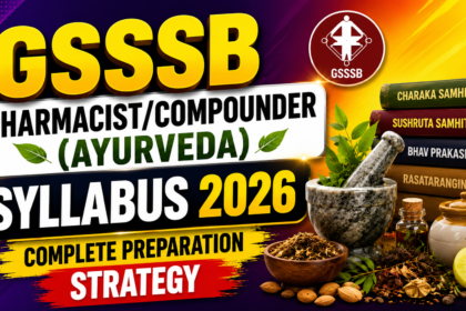 Bright and colorful YouTube thumbnail for GSSSB Pharmacist/Compounder (Ayurveda) Syllabus 2026 featuring bold yellow text, purple-orange gradient background, Ayurvedic herbs, mortar and pestle, and preparation strategy highlights.