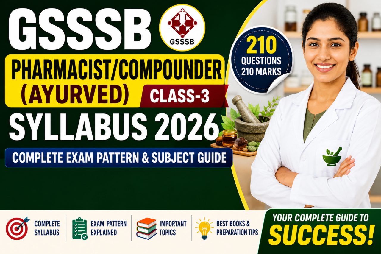 GSSSB Pharmacist/Compounder (Ayurved) Syllabus 2026 thumbnail featuring a pharmacist in white coat with bold green and yellow typography and Ayurvedic pharmacy background.