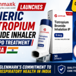 Thumbnail showing Glenmark’s generic Tiotropium Bromide inhaler launch for COPD treatment in India, featuring inhaler packaging, lungs graphic, and bold pharmaceutical news text.
