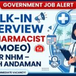 Government job update thumbnail for NHM Pharmacist (Homoeo) walk-in interview in South Andaman with healthcare and medical recruitment theme.