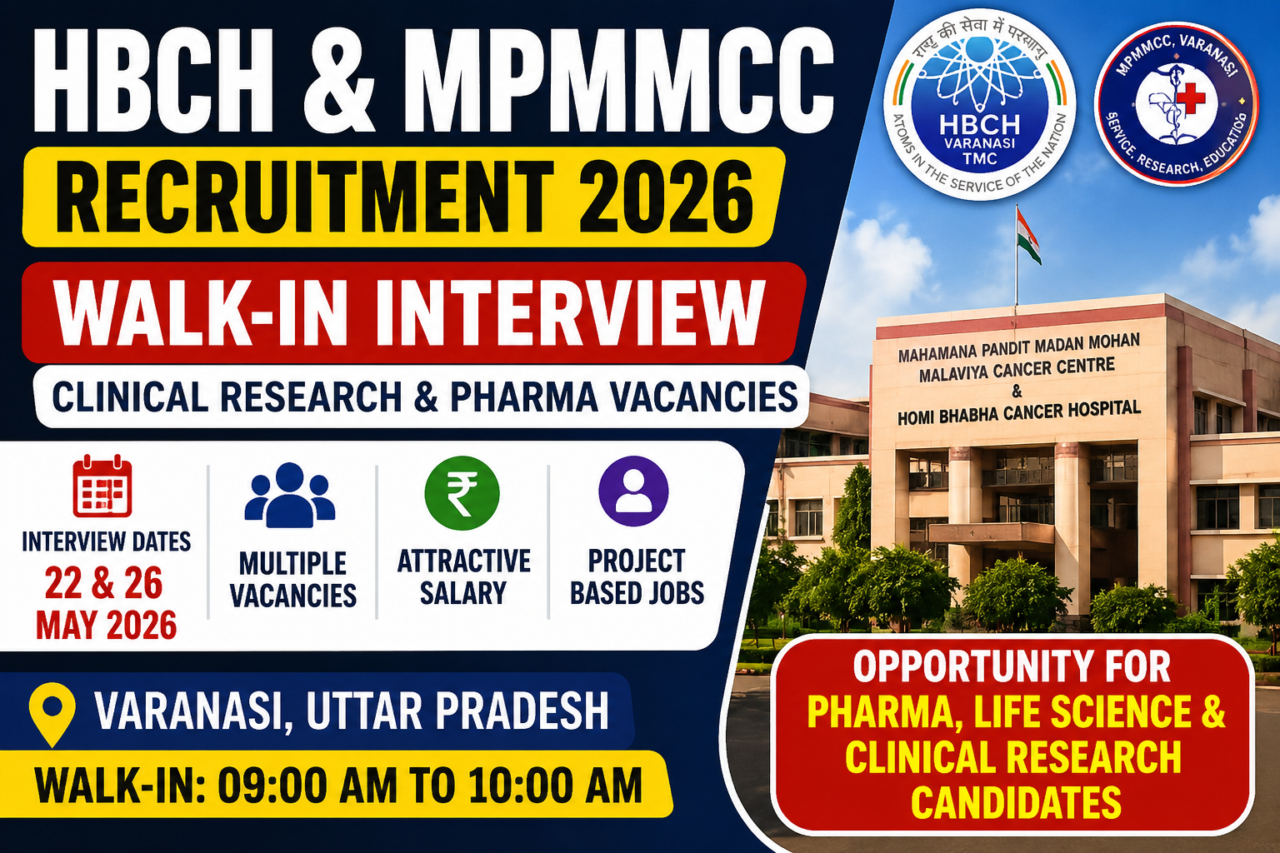 HBCH & MPMMCC Recruitment 2026 walk-in interview thumbnail featuring clinical research and pharma vacancies with hospital building background, interview dates, salary highlights, and Varanasi location.