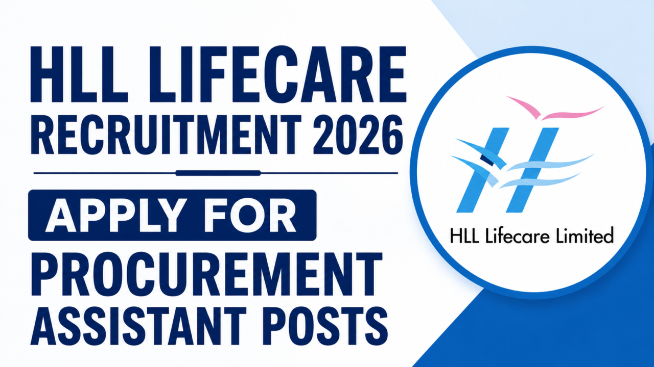 Thumbnail design for HLL Lifecare Recruitment 2026 featuring bold blue text and HLL Lifecare logo with recruitment announcement for Procurement Assistant posts.
