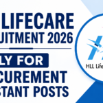 Thumbnail design for HLL Lifecare Recruitment 2026 featuring bold blue text and HLL Lifecare logo with recruitment announcement for Procurement Assistant posts.
