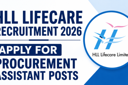 Thumbnail design for HLL Lifecare Recruitment 2026 featuring bold blue text and HLL Lifecare logo with recruitment announcement for Procurement Assistant posts.