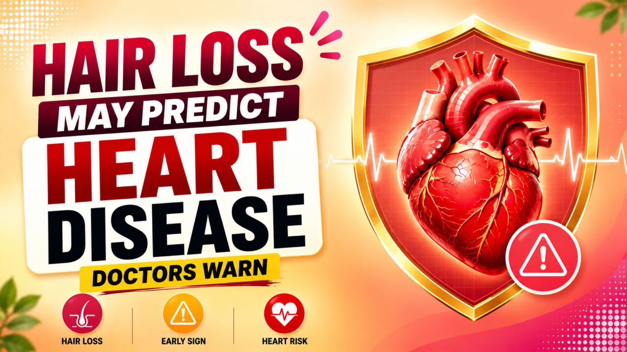 Medical awareness thumbnail with warm gradient background highlighting hair loss as a possible early sign of heart disease, featuring bold typography and heart protection illustration.