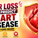 Medical awareness thumbnail with warm gradient background highlighting hair loss as a possible early sign of heart disease, featuring bold typography and heart protection illustration.