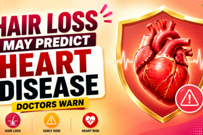 Medical awareness thumbnail with warm gradient background highlighting hair loss as a possible early sign of heart disease, featuring bold typography and heart protection illustration.