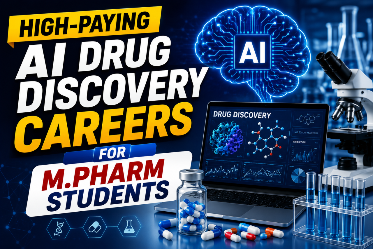 Futuristic AI pharma career thumbnail showing artificial intelligence, drug discovery dashboard, molecular structures, laboratory equipment, and high-paying career opportunities for M.Pharm students.