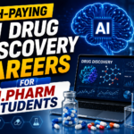 Futuristic AI pharma career thumbnail showing artificial intelligence, drug discovery dashboard, molecular structures, laboratory equipment, and high-paying career opportunities for M.Pharm students.