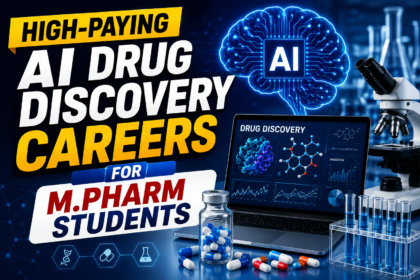Futuristic AI pharma career thumbnail showing artificial intelligence, drug discovery dashboard, molecular structures, laboratory equipment, and high-paying career opportunities for M.Pharm students.