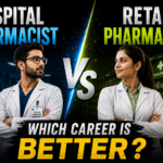Dark background comparison thumbnail showing a Hospital Pharmacist and Retail Pharmacist facing each other with bold “VS” text and glowing pharmacy-themed icons.