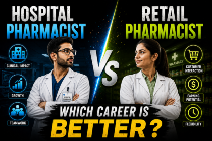Dark background comparison thumbnail showing a Hospital Pharmacist and Retail Pharmacist facing each other with bold “VS” text and glowing pharmacy-themed icons.