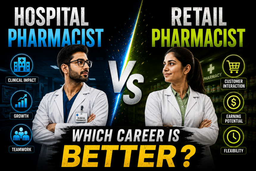 Dark background comparison thumbnail showing a Hospital Pharmacist and Retail Pharmacist facing each other with bold “VS” text and glowing pharmacy-themed icons.