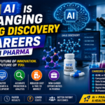 Futuristic pharma AI thumbnail showing artificial intelligence transforming drug discovery careers with digital brain graphics, molecular structures, laboratory equipment, and modern pharmaceutical research visuals.