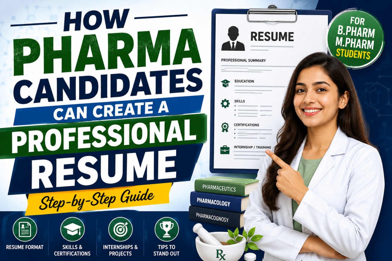 Professional YouTube thumbnail showing a pharma student creating a professional resume with resume template, pharmacy books, and career guidance elements.