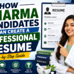 Professional YouTube thumbnail showing a pharma student creating a professional resume with resume template, pharmacy books, and career guidance elements.