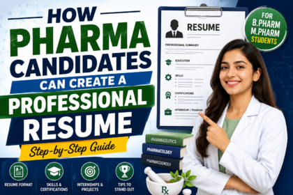 Professional YouTube thumbnail showing a pharma student creating a professional resume with resume template, pharmacy books, and career guidance elements.