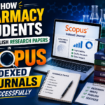 Thumbnail explaining how pharmacy students can publish research papers in Scopus indexed journals successfully, featuring research paper visuals, laptop, laboratory equipment, and academic publishing elements.