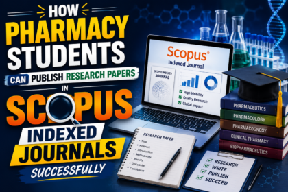 Thumbnail explaining how pharmacy students can publish research papers in Scopus indexed journals successfully, featuring research paper visuals, laptop, laboratory equipment, and academic publishing elements.