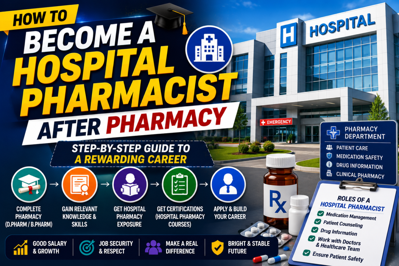 Professional hospital pharmacist career thumbnail showing a modern hospital building, pharmacy department sign, medicine bottles, and step-by-step guidance to become a hospital pharmacist after pharmacy.