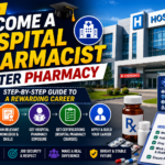 Professional hospital pharmacist career thumbnail showing a modern hospital building, pharmacy department sign, medicine bottles, and step-by-step guidance to become a hospital pharmacist after pharmacy.