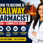 Professional YouTube thumbnail showing a smiling female pharmacist in front of an Indian Railway train with bold text “How to Become a Railway Pharmacist in India – Complete Guide”.