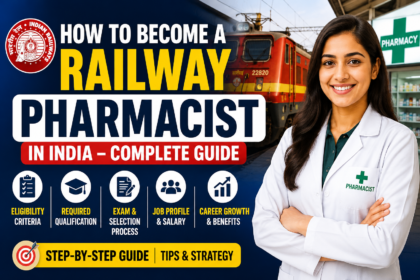 Professional YouTube thumbnail showing a smiling female pharmacist in front of an Indian Railway train with bold text “How to Become a Railway Pharmacist in India – Complete Guide”.